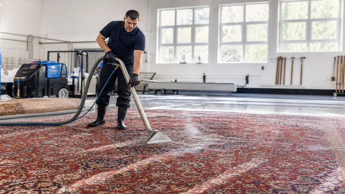 Technician performing hot water extraction on a large Oriental rug