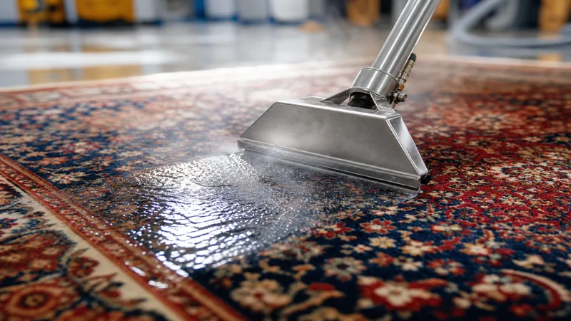 Close-up of a hot water extraction wand pulling clean water from a patterned Oriental rug
