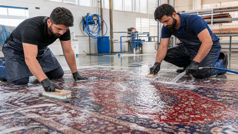 Two technicians hand-washing a large Oriental rug with brushes and water during full-immersion cleaning