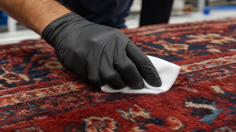 Gloved technician performing a colorfastness dye test on an Oriental rug with a white cloth