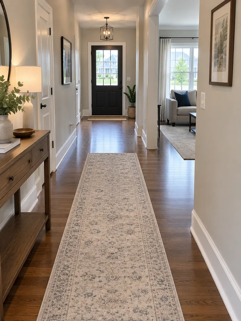 Long wool runner rug in a bright hallway with hardwood floors